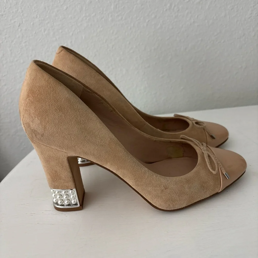 Karl Lagerfeld Naves Cap Round Toe Bow Block Heel Pearls Suede Nude Pumps